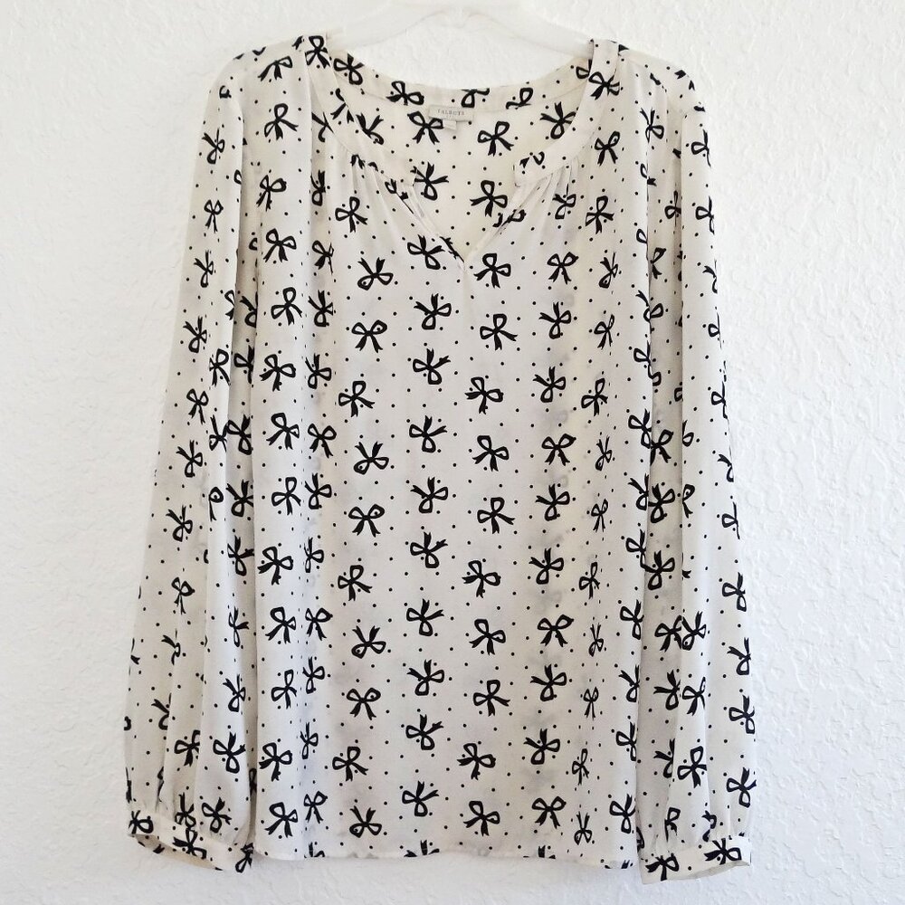 TALBOTS Outlet Women's XL Ivory Blouse With Black Bows and Dots Long Sleeve